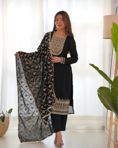 Bannisaa Black Faux Georgette Heavy Embroidered Straight Kurta Set with Dupatta (3 piece suit)