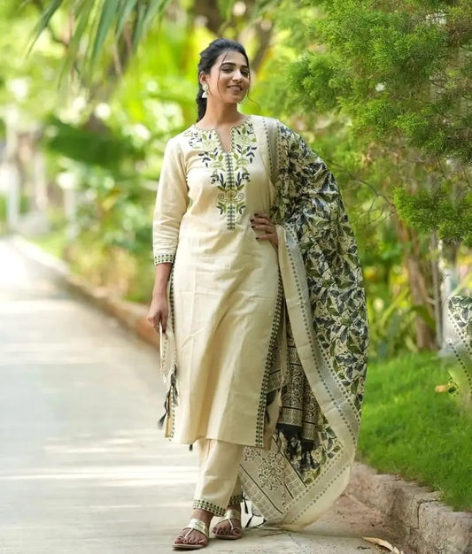 Bannisaa Garden Whispers Embroidered 3 piece Suit Set - Cream Silk Ensemble with Green Floral Dupatta