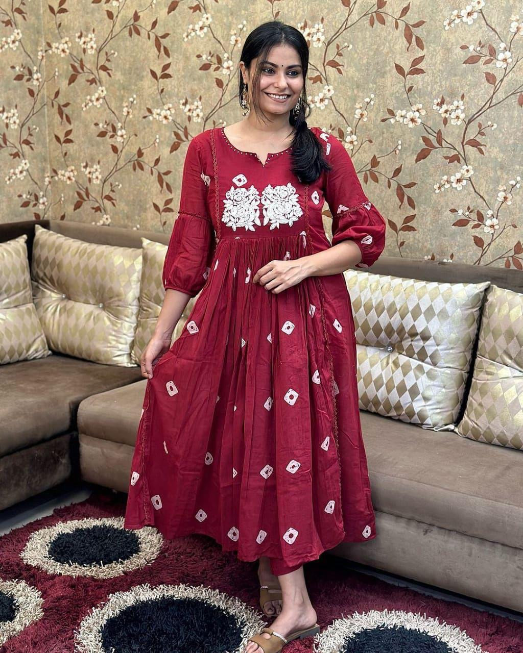 Bannisaa Crimson Rose Embroidered Anarkali Dress - Bohemian Floral with Mirror Work Accents