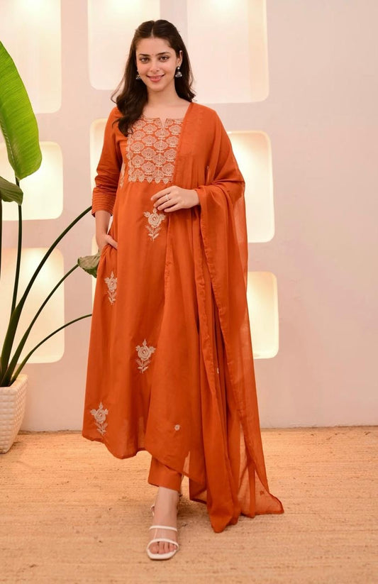 Bannisaa Vibrant Orange Embroidered Suit Set - Traditional Chikankari Work with Matching Dupatta