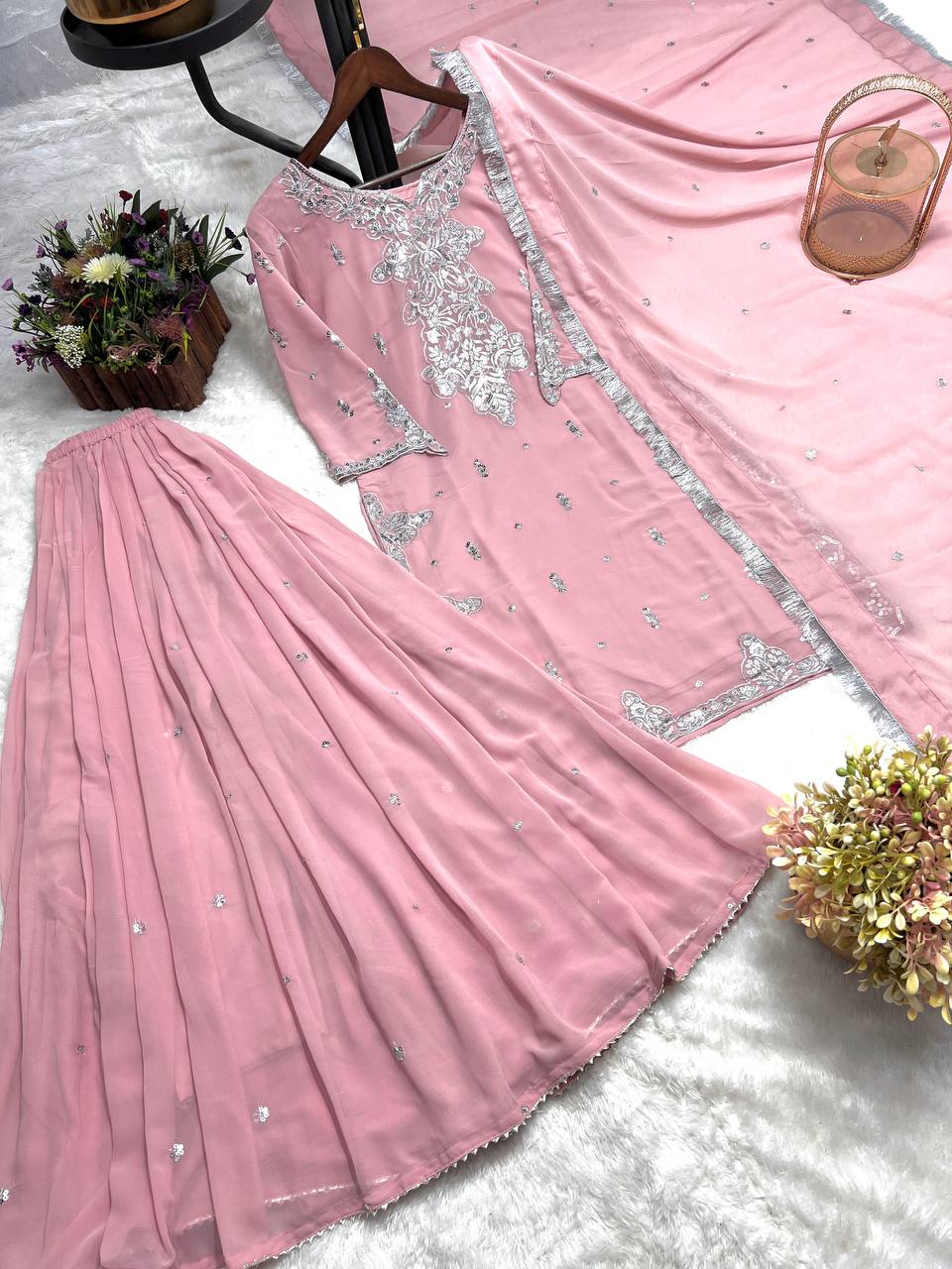 Bannisaa Embroidered Gharara Kurta Set with Flared Palazzo and Dupatta (3 piece suit)