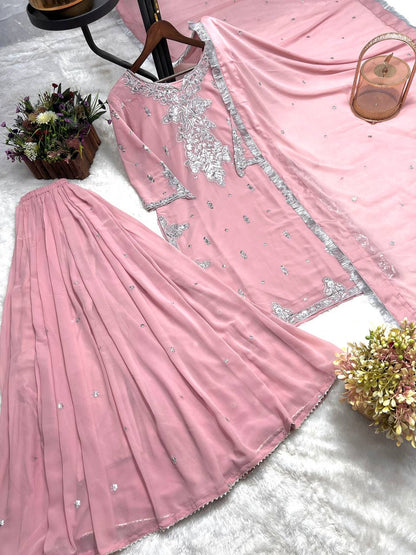 Bannisaa Embroidered Gharara Kurta Set with Flared Palazzo and Dupatta (3 piece suit)