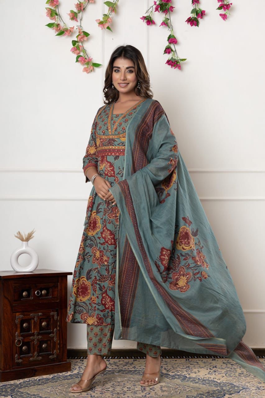 Bannisaa Vintage Floral Print Straight Kurta Set with Dupatta (3 piece suit)