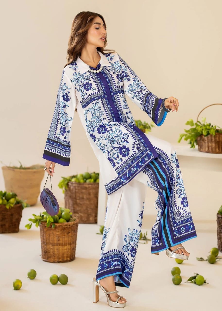 Bannisaa Azure Bloom Muslin Printed Co-ord Set - Classic Blue & White Ensemble