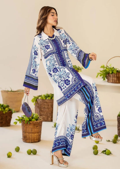 Bannisaa Azure Bloom Muslin Printed Co-ord Set - Classic Blue & White Ensemble