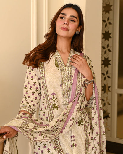 Bannisaa Ivory Bloom Garden Suit Set - Delicate Florals with Rose Gold Embellishments