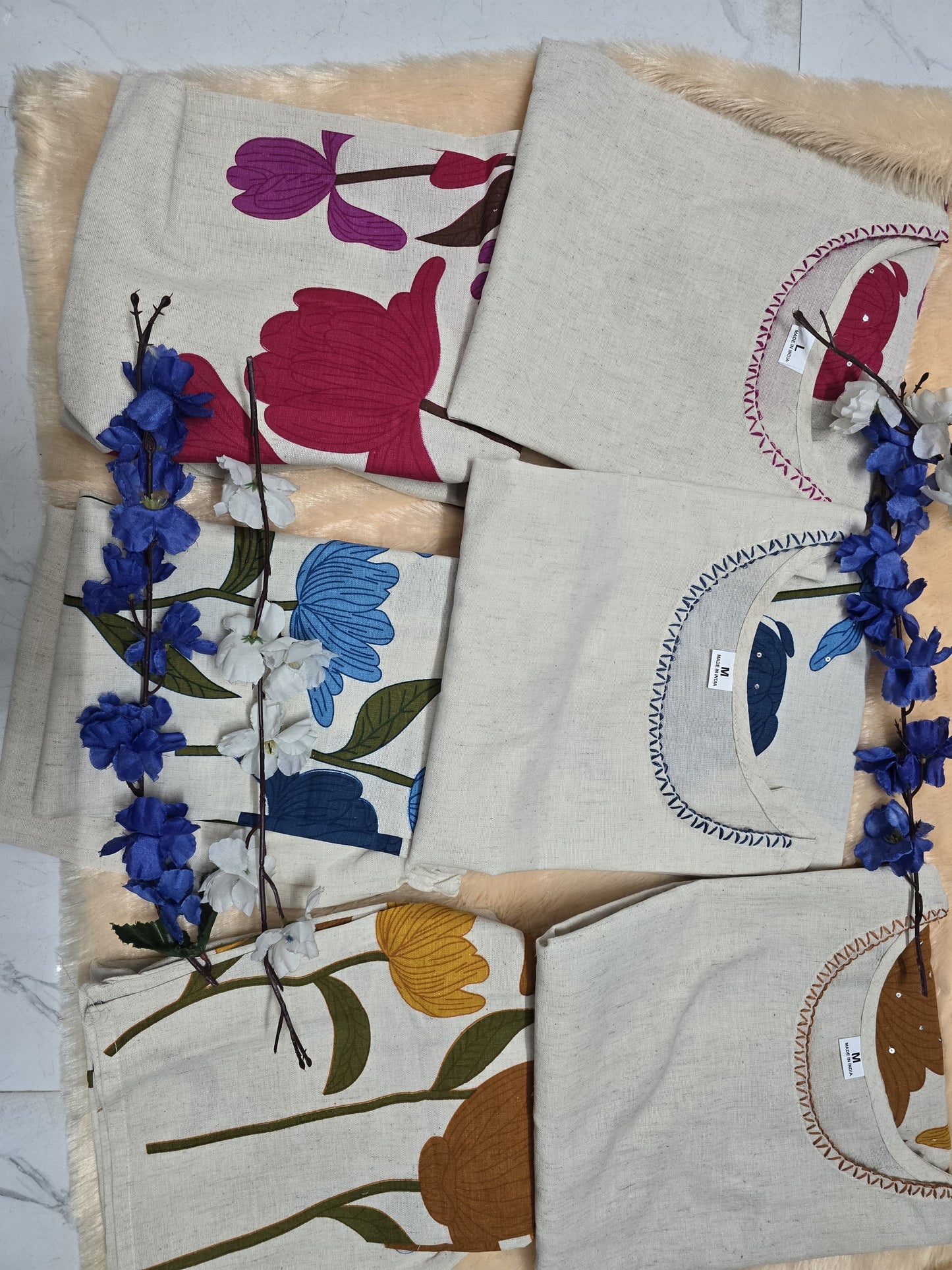 Bannisaa Pearl Embellished Floral Co-ord Set - White Tunic with Golden Bloom Print & Matching Pants