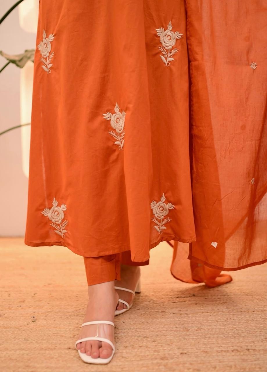 Bannisaa Vibrant Orange Embroidered Suit Set - Traditional Chikankari Work with Matching Dupatta