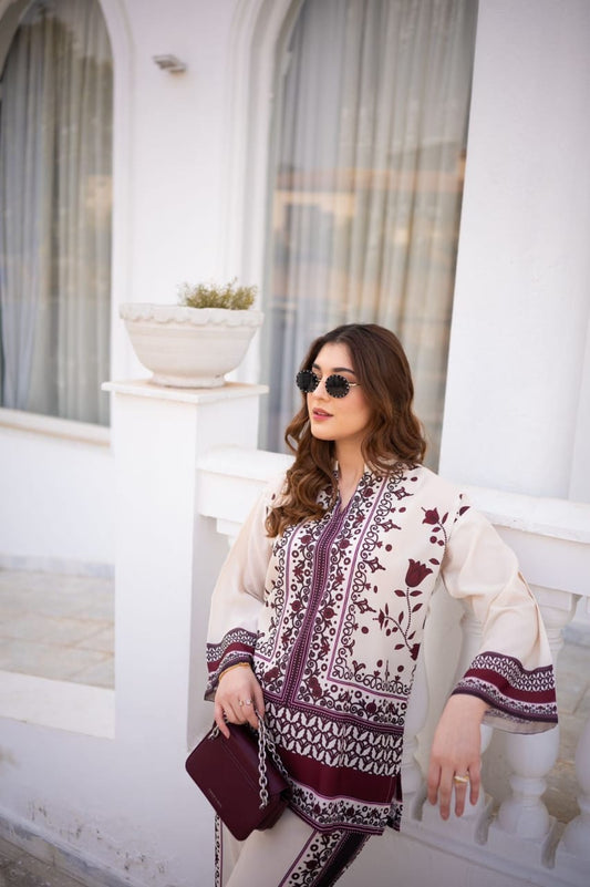 Bannisaa Heritage Bloom Muslin Printed Co-ord Set - Cream & Burgundy Ensemble