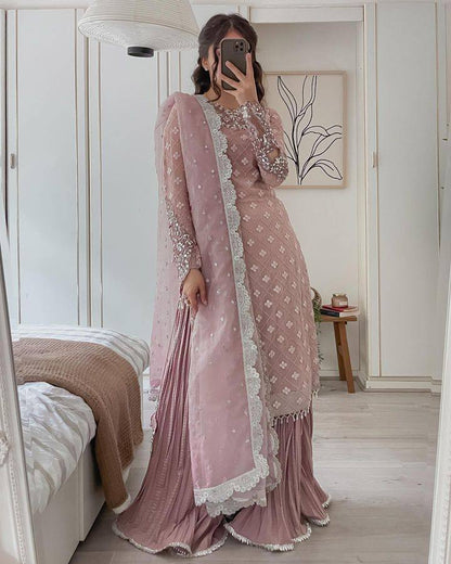 Bannisaa Dusty Rose Sequined Gharara Set - Elegant Party Wear with Pearl Details & Lace Dupatta (3 piece suit)