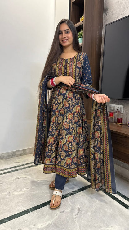 Bannisaa Mustard Gold Garden Suit Set - Traditional Floral with Intricate Yoke Embroidery