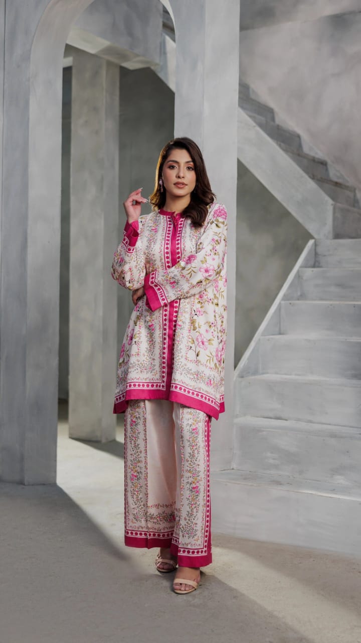 Bannisaa Rose Garden Muslin Printed Co-ord Set - Ivory & Fuchsia Ensemble