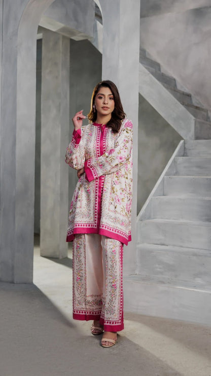 Bannisaa Rose Garden Muslin Printed Co-ord Set - Ivory & Fuchsia Ensemble