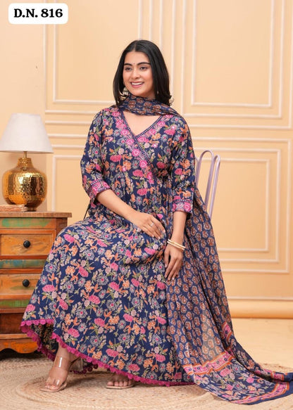 Bannisaa Navy Floral Paradise Sharara Set - Vintage Botanical with Pom-Pom Details