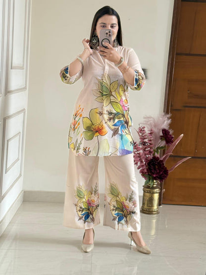 Bannisaa Cream Tropical Floral Co-ord Set - Contemporary Botanical Print with Palazzo Style