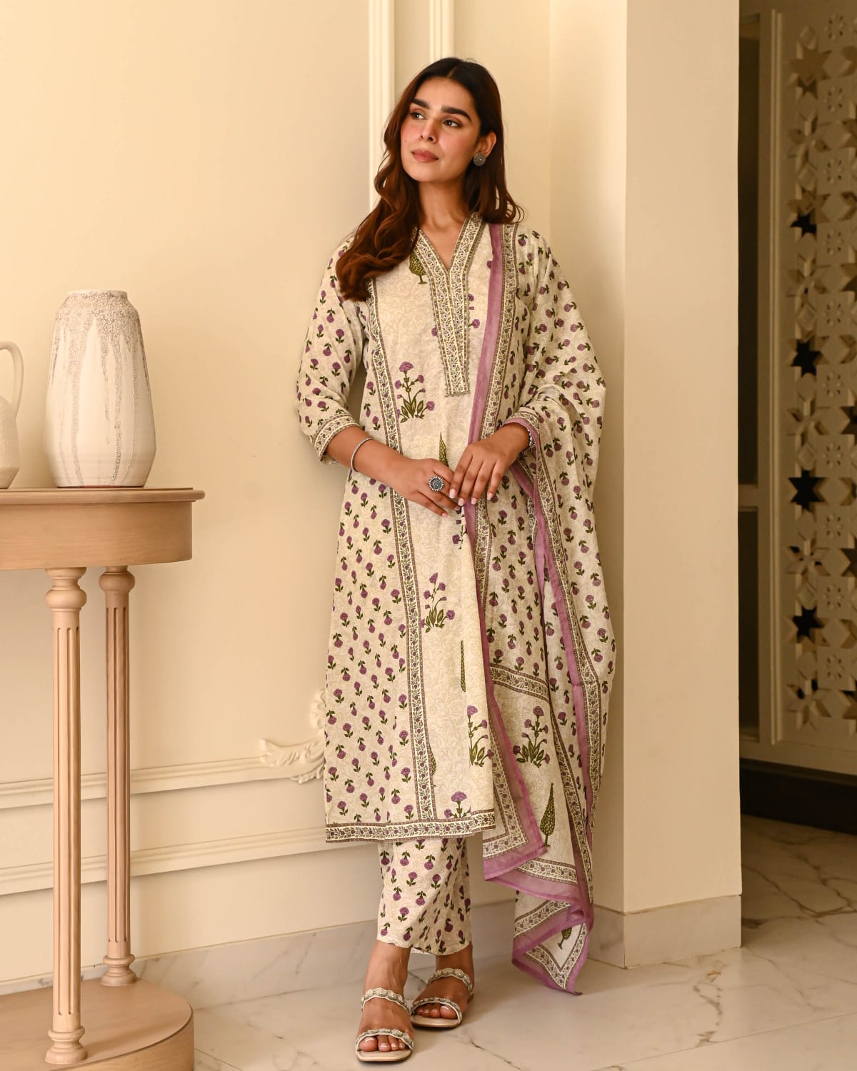 Bannisaa Ivory Bloom Garden Suit Set - Delicate Florals with Rose Gold Embellishments