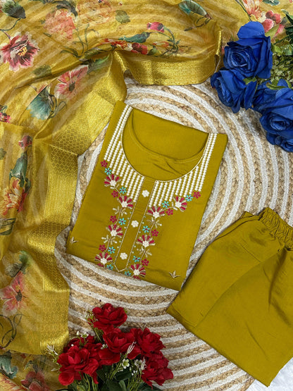 Bannisaa Golden Meadow Embroidered Suit Set - Floral Thread Work with Silk Dupatta