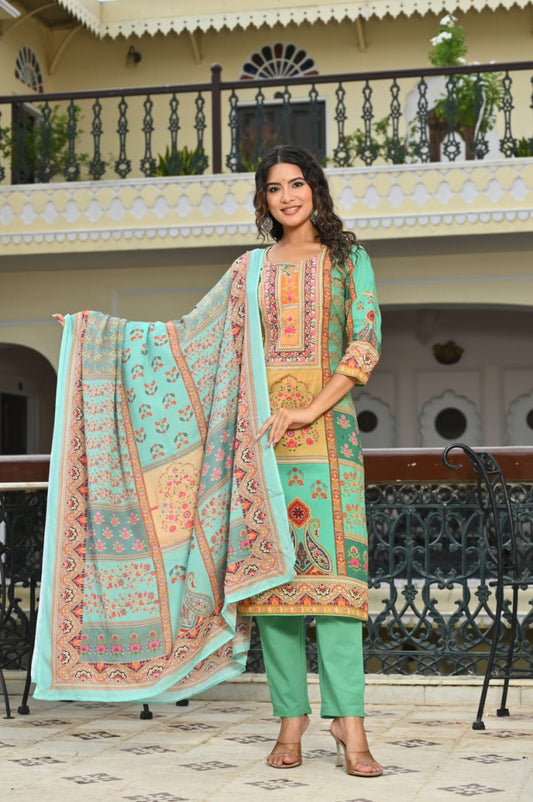 Bannisaa Mint Green Digital Print Suit Set - Traditional Patchwork Design with Multicolor Floral Motifs