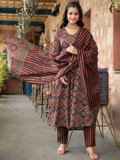 Bannisaa Aashna Maroon Ajrakh Print Suit Set - Traditional Block Print with Striped Dupatta