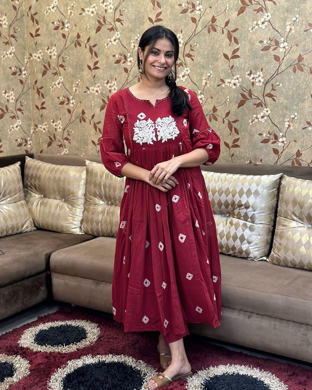 Bannisaa Crimson Rose Embroidered Anarkali Dress - Bohemian Floral with Mirror Work Accents