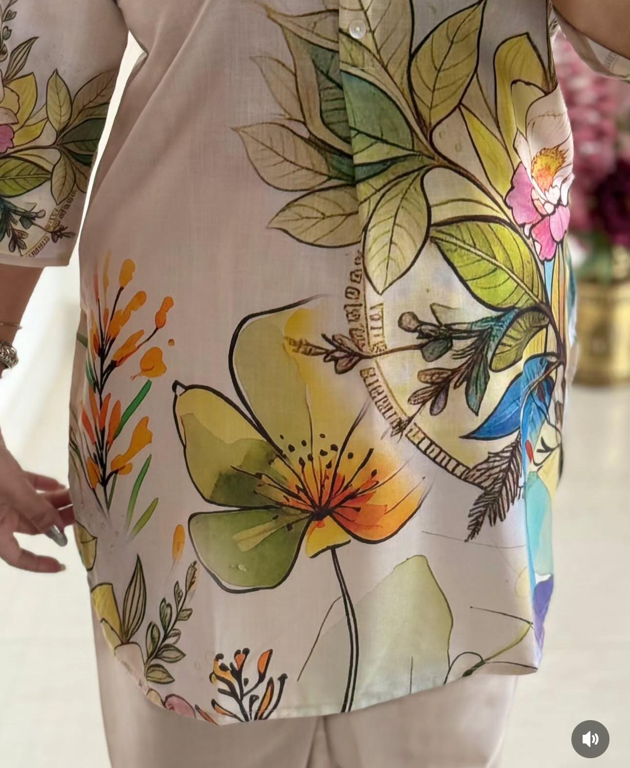 Bannisaa Cream Tropical Floral Co-ord Set - Contemporary Botanical Print with Palazzo Style