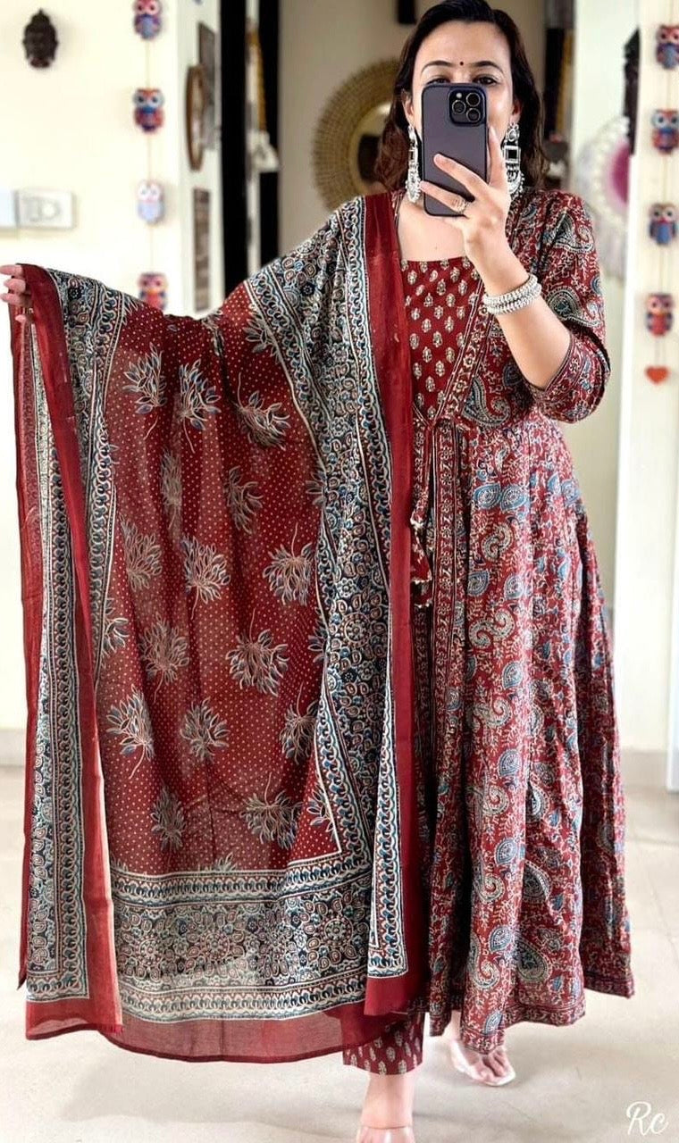 Bannisaa Heritage Mustard Ajrakh Print Anarkali Set - Traditional Block Print with Contemporary Silhouette