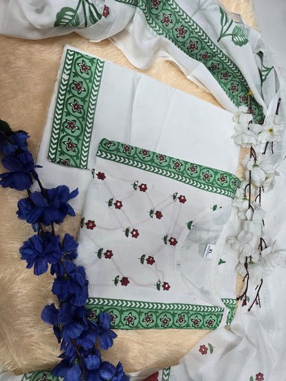 Bannisaa Block Printed Rose Motif Kurta Set - White Cotton Suit with Green Border & Matching Dupatta (3 piece suit)