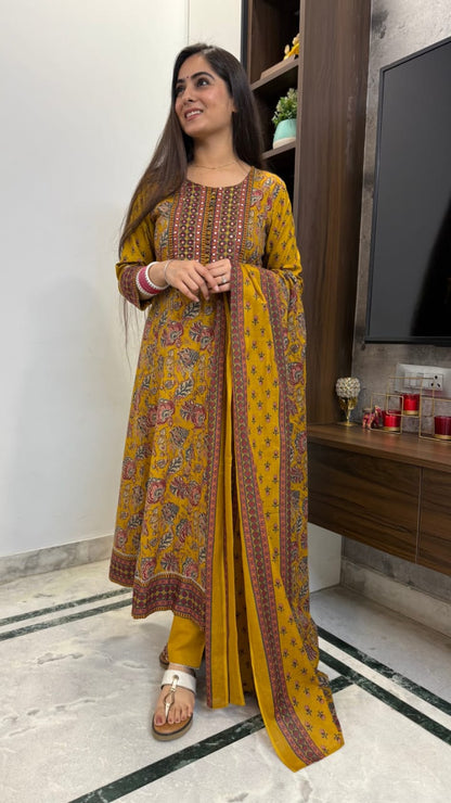 Bannisaa Mustard Gold Garden Suit Set - Traditional Floral with Intricate Yoke Embroidery