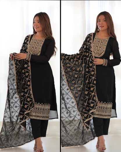 Bannisaa Black Faux Georgette Heavy Embroidered Straight Kurta Set with Dupatta (3 piece suit)