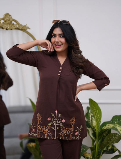 Bannisaa Deep Brown Embroidered Short Kurta Set