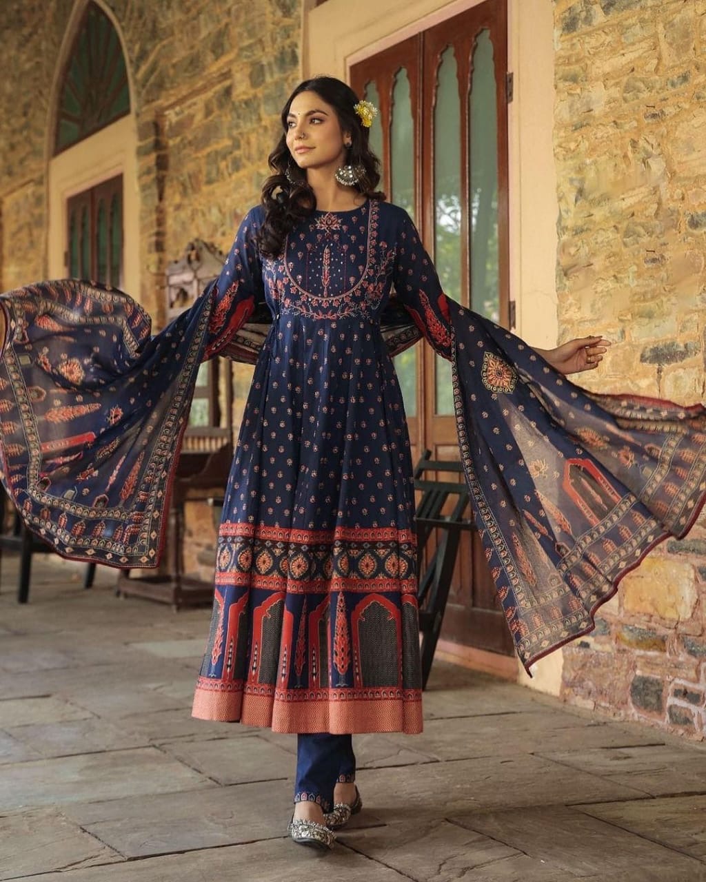 Bannisaa Midnight Blue Vintage Charm Anarkali Set - Classic Florals with Traditional Embroidered Yoke