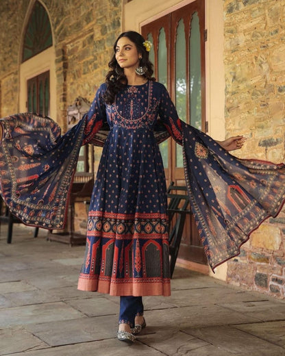 Bannisaa Midnight Blue Vintage Charm Anarkali Set - Classic Florals with Traditional Embroidered Yoke