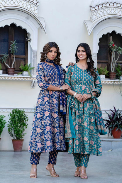 Bannisaa Ethnic Rose Garden Suit Set Collection - Royal Blue & Teal Twin Set with Golden Florals