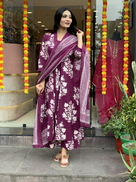 Bannisaa Printed Cotton Anarkali 3-Piece Kurta Set