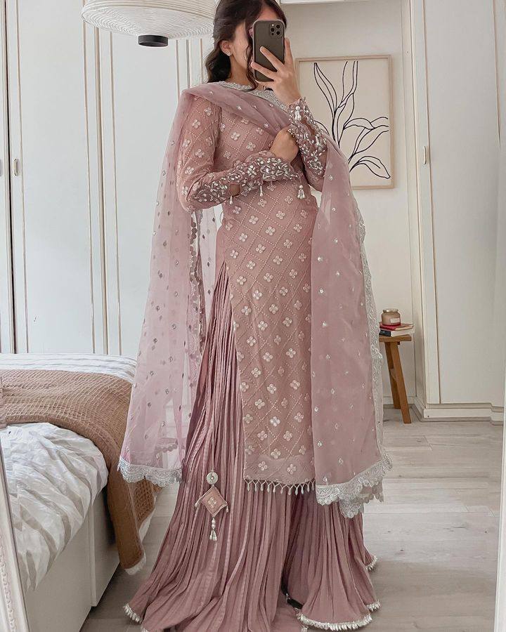 Bannisaa Dusty Rose Sequined Gharara Set - Elegant Party Wear with Pearl Details & Lace Dupatta (3 piece suit)