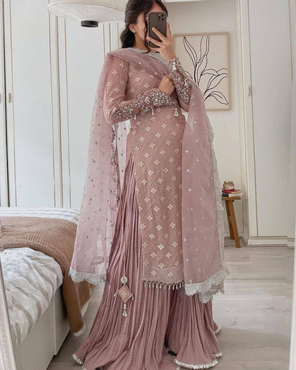 Bannisaa Dusty Rose Sequined Gharara Set - Elegant Party Wear with Pearl Details & Lace Dupatta (3 piece suit)