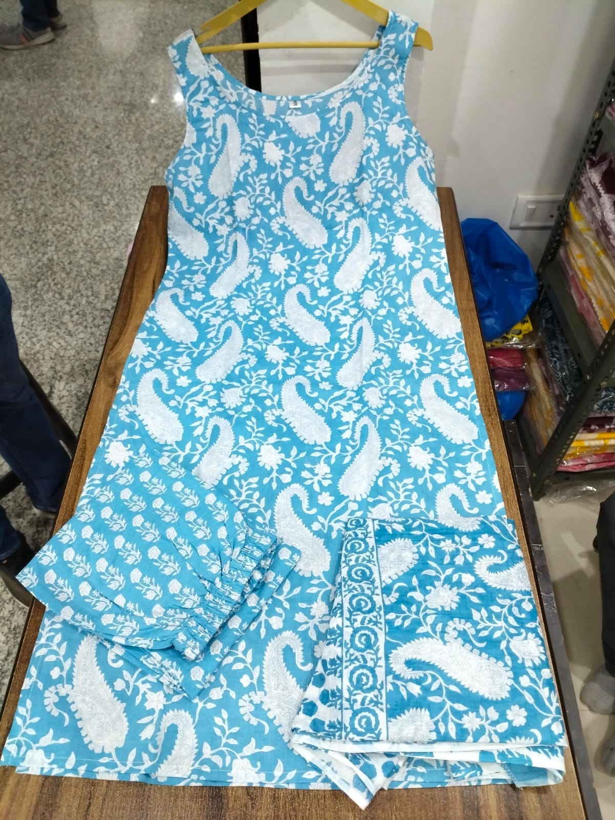 Sky Blue & Pink Paisley Printed Sharara Sleeveless Set - Traditional Block Print with Matching Dupatta (3 piece set)