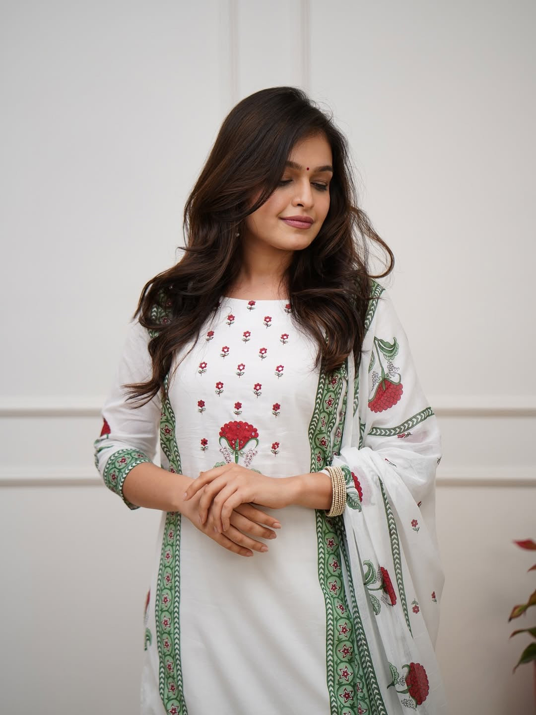 Bannisaa Block Printed Rose Motif Kurta Set - White Cotton Suit with Green Border & Matching Dupatta (3 piece suit)