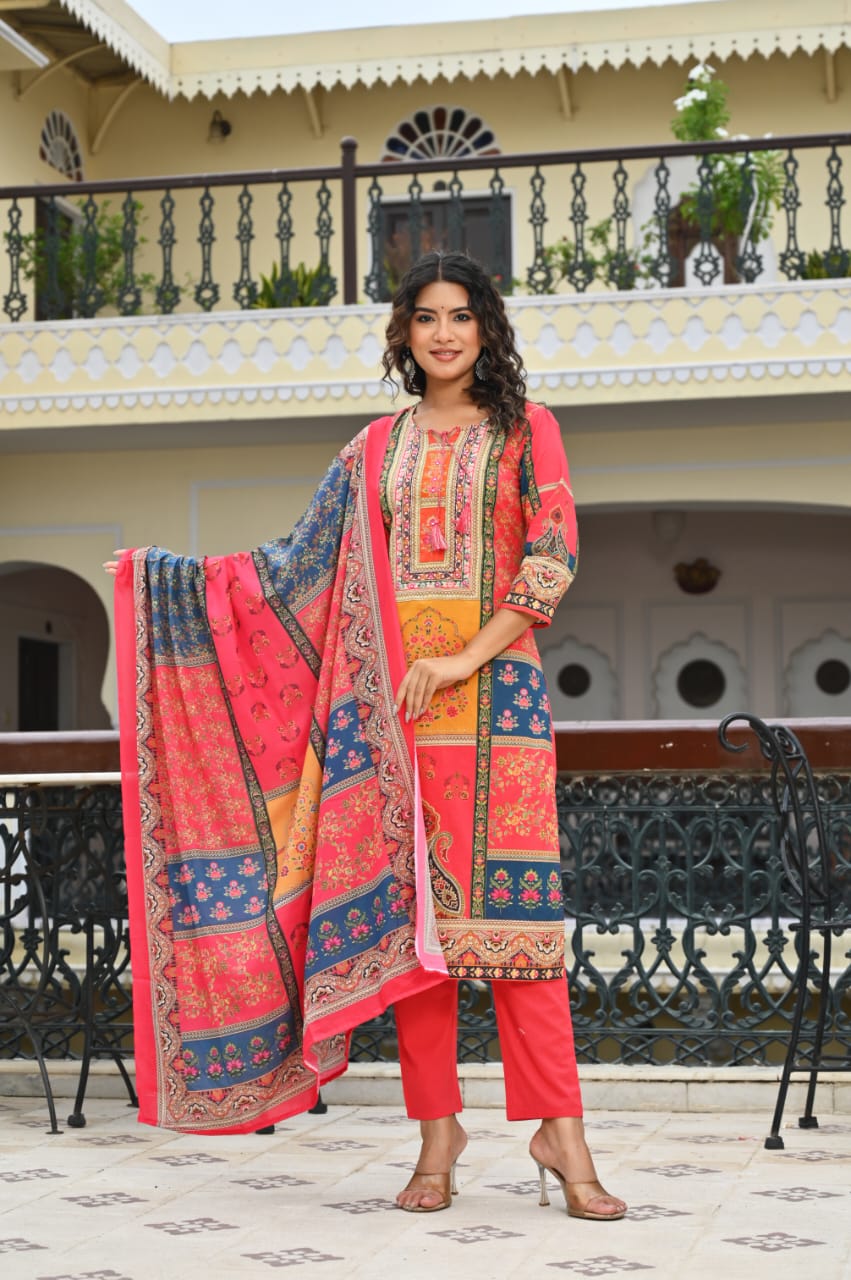 Bannisaa Mint Green Digital Print Suit Set - Traditional Patchwork Design with Multicolor Floral Motifs
