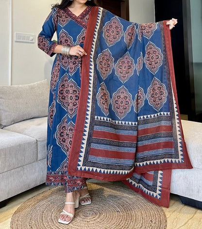 Bannisaa Ajrakh Print Straight Kurta Set with Dupatta (3 piece suit)