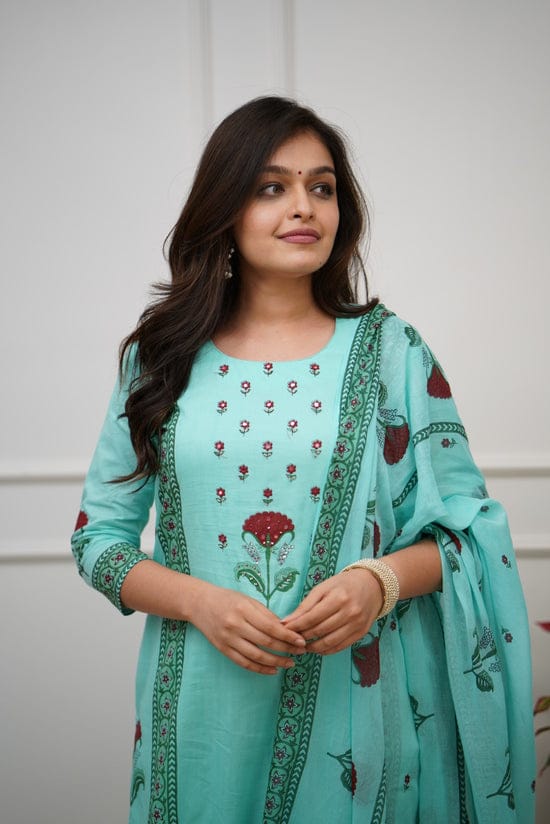 Bannisaa Block Printed Rose Motif Kurta Set - White Cotton Suit with Green Border & Matching Dupatta (3 piece suit)