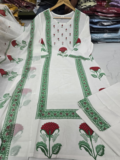 Bannisaa Block Printed Rose Motif Kurta Set - White Cotton Suit with Green Border & Matching Dupatta (3 piece suit)