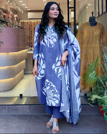 Bannisaa Azure Bloom 3 piece Suit Set - Powder Blue Floral Print Ensemble with Traditional Dupatta