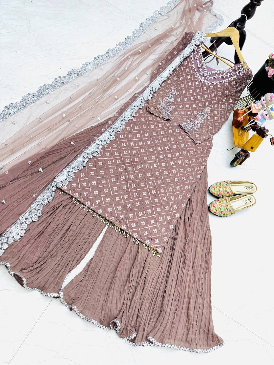 Bannisaa Dusty Rose Sequined Gharara Set - Elegant Party Wear with Pearl Details & Lace Dupatta (3 piece suit)