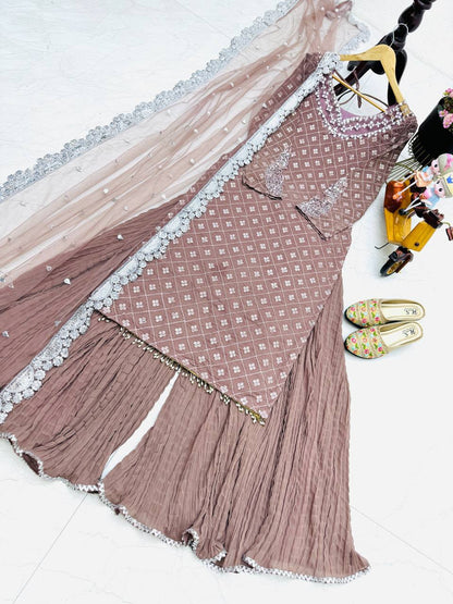 Bannisaa Dusty Rose Sequined Gharara Set - Elegant Party Wear with Pearl Details & Lace Dupatta (3 piece suit)