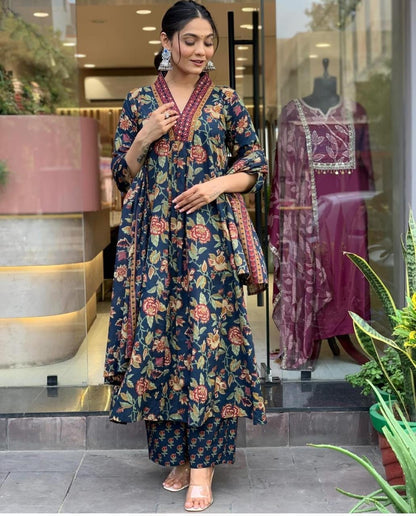 Bannisaa Navy Blue Floral Print Suit Set - Vintage Rose Garden with Embroidered Border Detailing