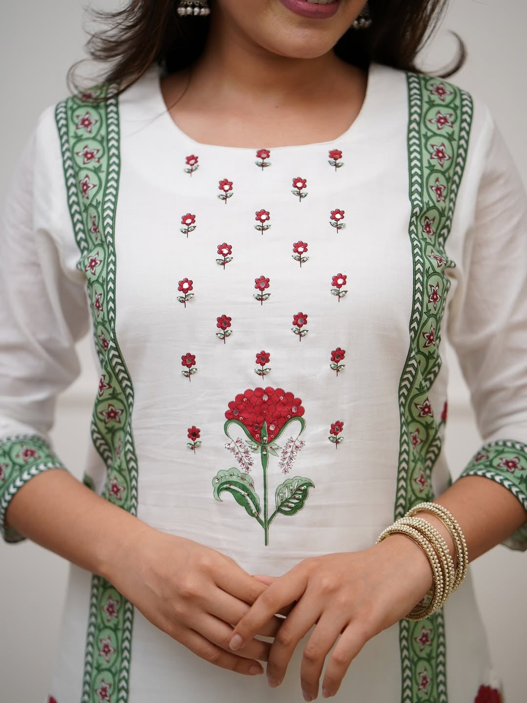 Bannisaa Block Printed Rose Motif Kurta Set - White Cotton Suit with Green Border & Matching Dupatta (3 piece suit)