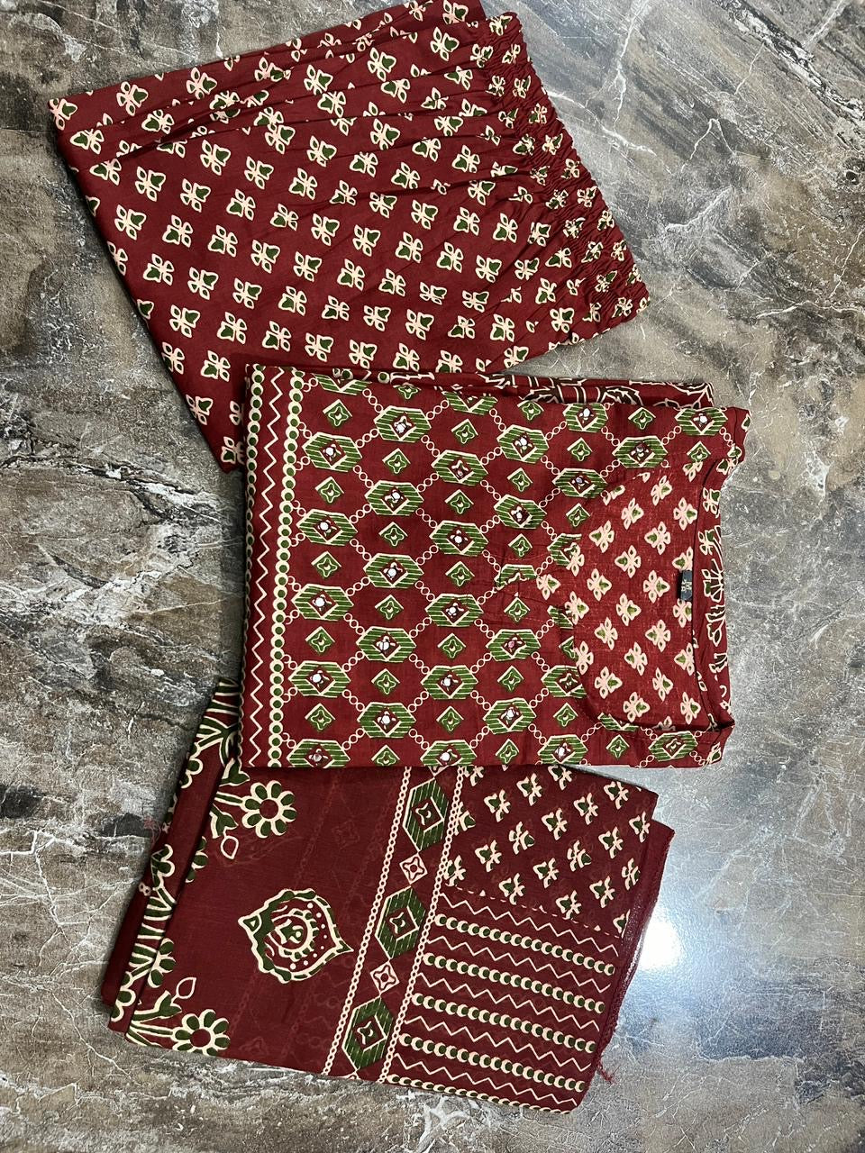 Bannisaa Crimson Heritage Block Print Suit Set - Traditional Ajrakh with Golden Geometric Motifs