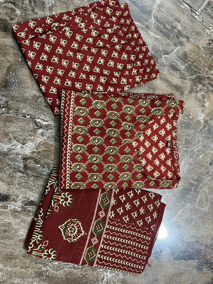 Bannisaa Crimson Heritage Block Print Suit Set - Traditional Ajrakh with Golden Geometric Motifs