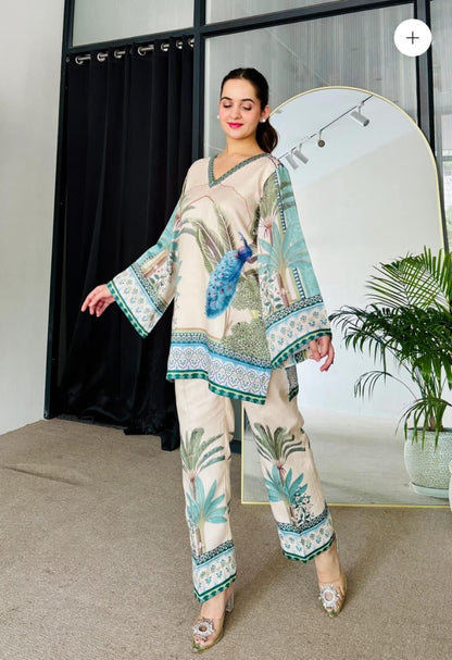 Bannisaa Tropical Paradise Muslin Printed Co-ord Set - Ivory & Turquoise Ensemble